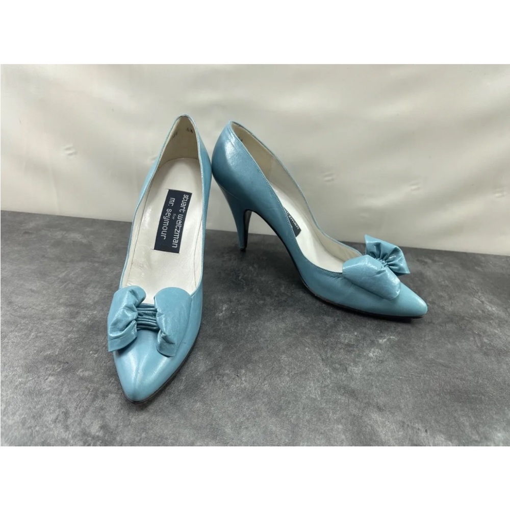 Stuart Weitzman For Mr Seymour Women's Shoes Blue 6.5 AA Leather Bow Pumps Heels